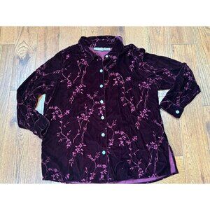 Jaclyn Smith Womens Burnout Velvet Button Up Top Size 1x Burgundy Long Sleeve